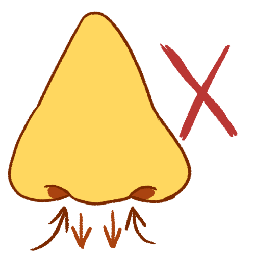  a drawing of a large yellow nose. two brown arrows underneath the nostrils point towards the nostrils, and two light brown ones point away, symbolizing breathing. there is a red X next to the nose. 